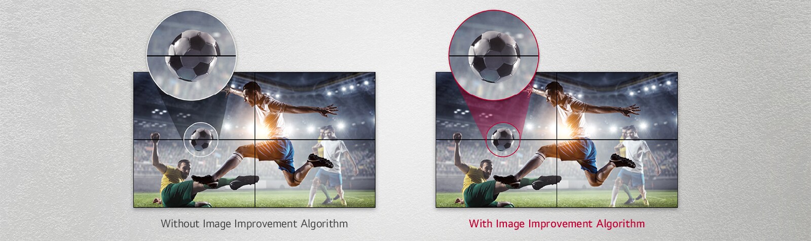 The video wall on the left without the image improvement algorithm shows misalignment between displays, while the video wall on the right with the algorithm minimizes it, resulting in a more seamless image.