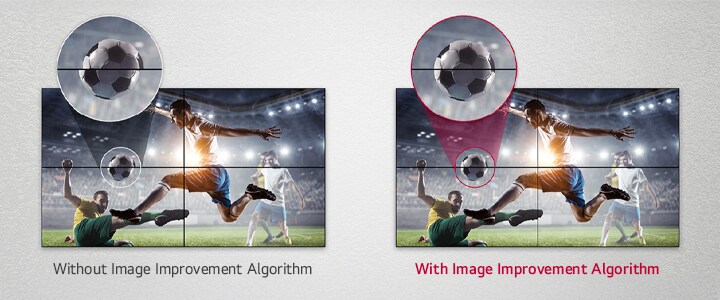 The video wall on the left without the image improvement algorithm shows misalignment between displays, while the video wall on the right with the algorithm minimizes it, resulting in a more seamless image.