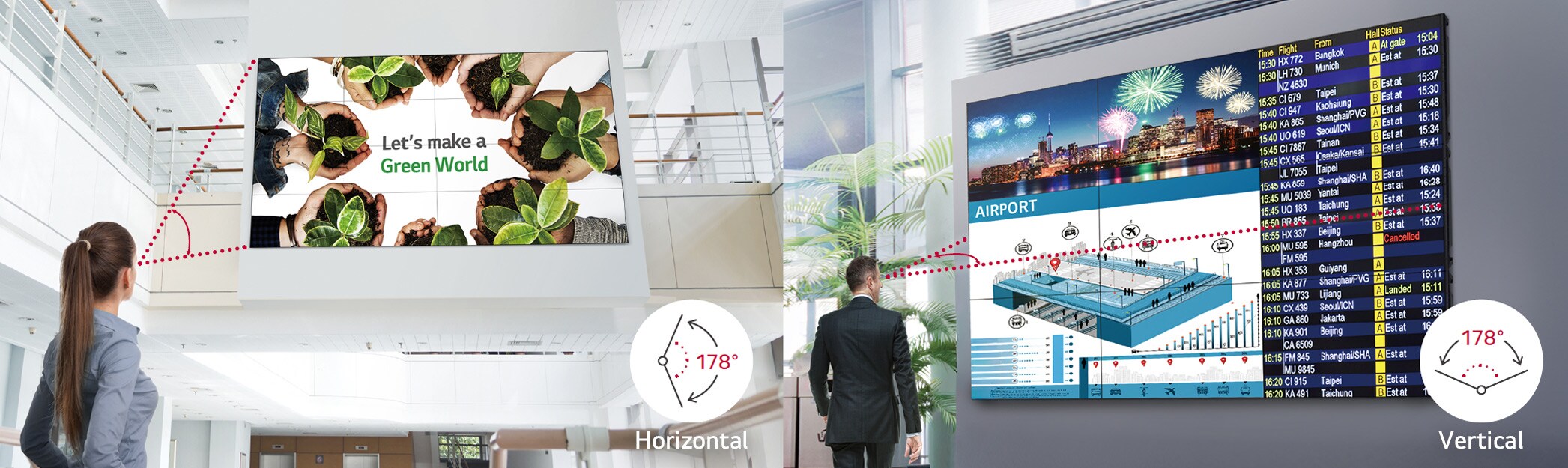 A woman looks up at a VM5R-H installed on an upper-level railing, while a man passes by a VM5R-H mounted on a nearby wall. Both are able to view vivid, undistorted images from any position thanks to its wide 178-degree horizontal and vertical viewing angles.