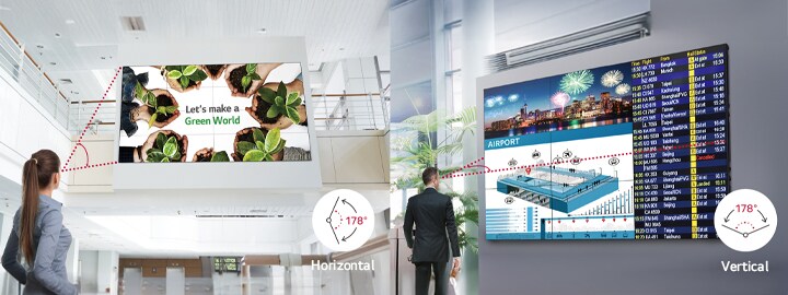 A woman looks up at a VM5R-H installed on an upper-level railing, while a man passes by a VM5R-H mounted on a nearby wall. Both are able to view vivid, undistorted images from any position thanks to its wide 178-degree horizontal and vertical viewing angles.
