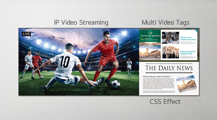 One side of the video wall is live streaming a soccer game, while the other side is using CSS effects to add more content.