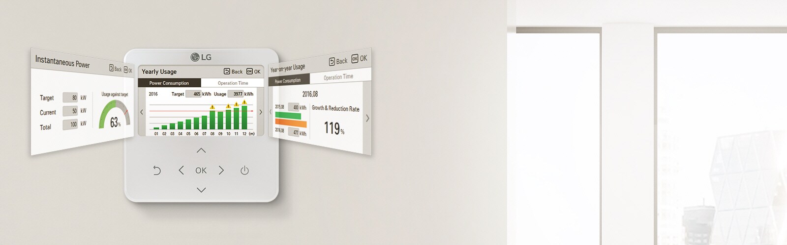 The LG HVAC individual controller displays energy management with a comprehensive view of power consumption and usage stats.
