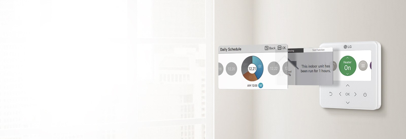 LG HVAC individual controller shows environmental data like temperature, humidity, cleanliness and integrated scheduling.
