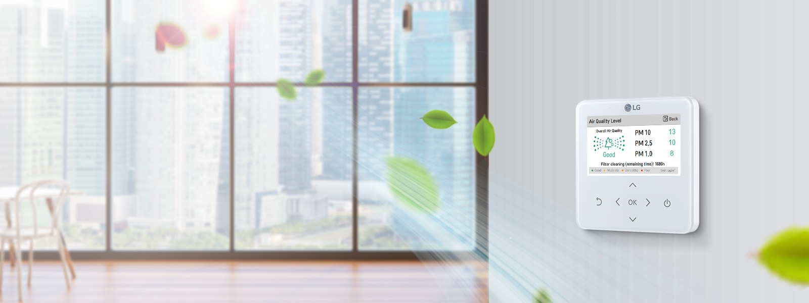 LG HVAC Individual Controller on a sleek wall displays air quality readings, with floating leaves in the background.