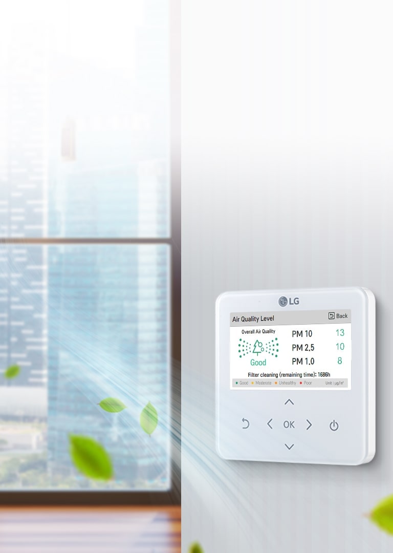 LG HVAC Individual Controller on a sleek wall displays air quality readings, with floating leaves in the background.