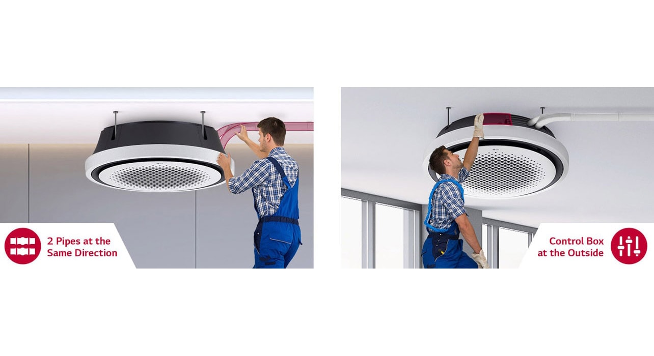 A man in blue dungarees is working on the left with two pipes of the LG Round Cassette, and attending to the unit's external control box on the right.