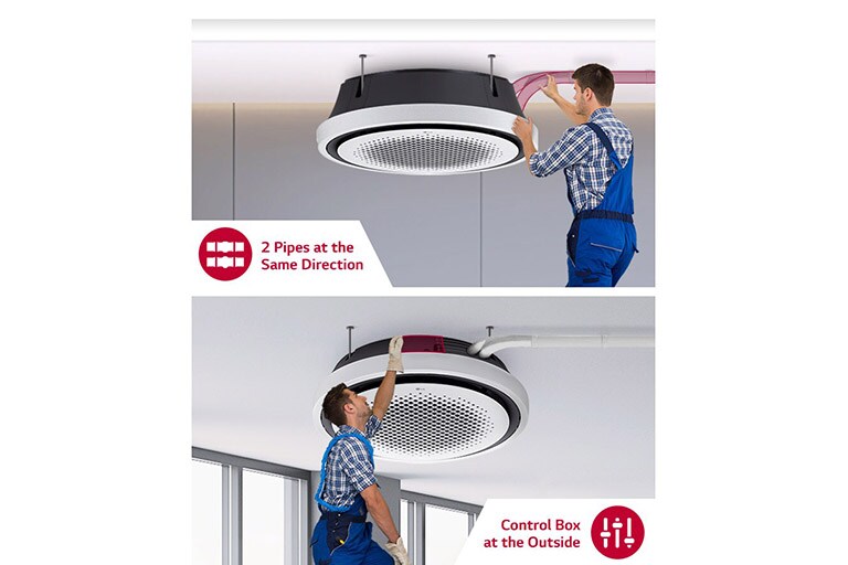 A man in blue dungarees is working on the left with two pipes of the LG Round Cassette, and attending to the unit's external control box on the right.