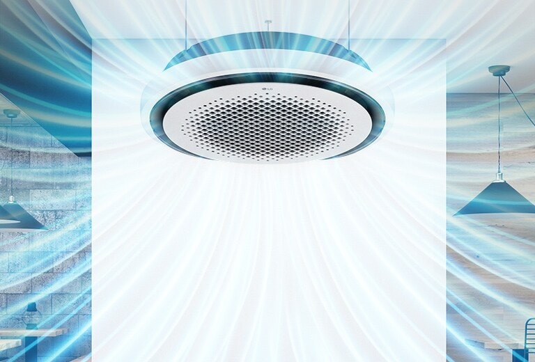 A ceiling-mounted LG Round Cassette disperses visible 360-degree airflow in a symmetrically lit room.