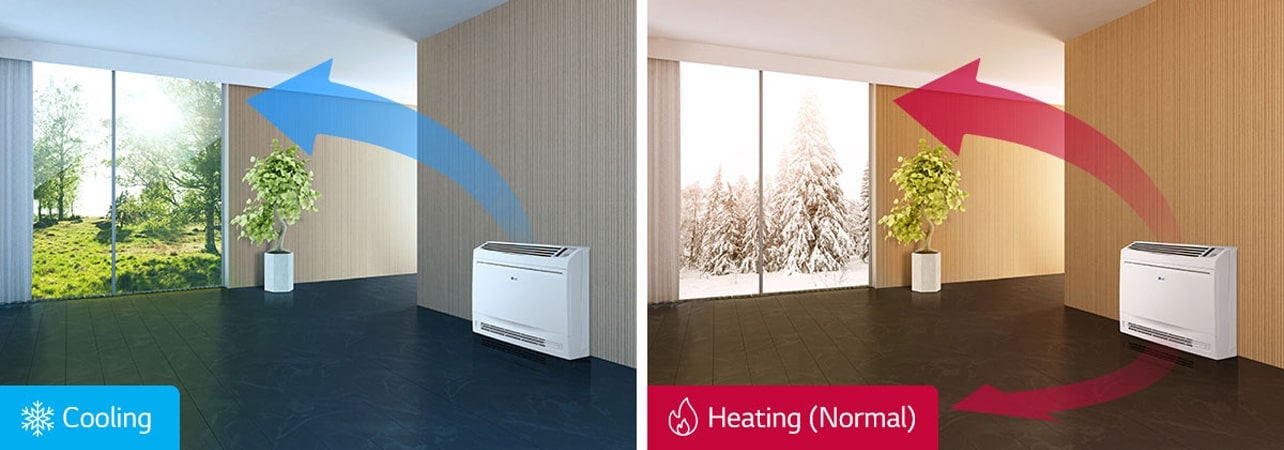 LG Console delivers cool air flow towards the ceiling on its left side, while providing warm air flow towards the floor on its right side.