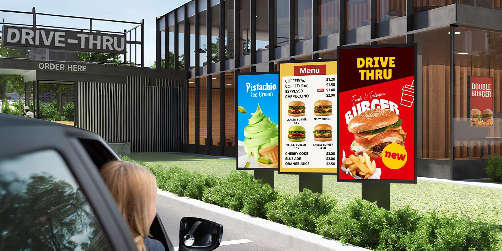 Outdoor displays are installed in the drive-thru zone of the burger place, vividly showing menus and images even in bright sunlight.