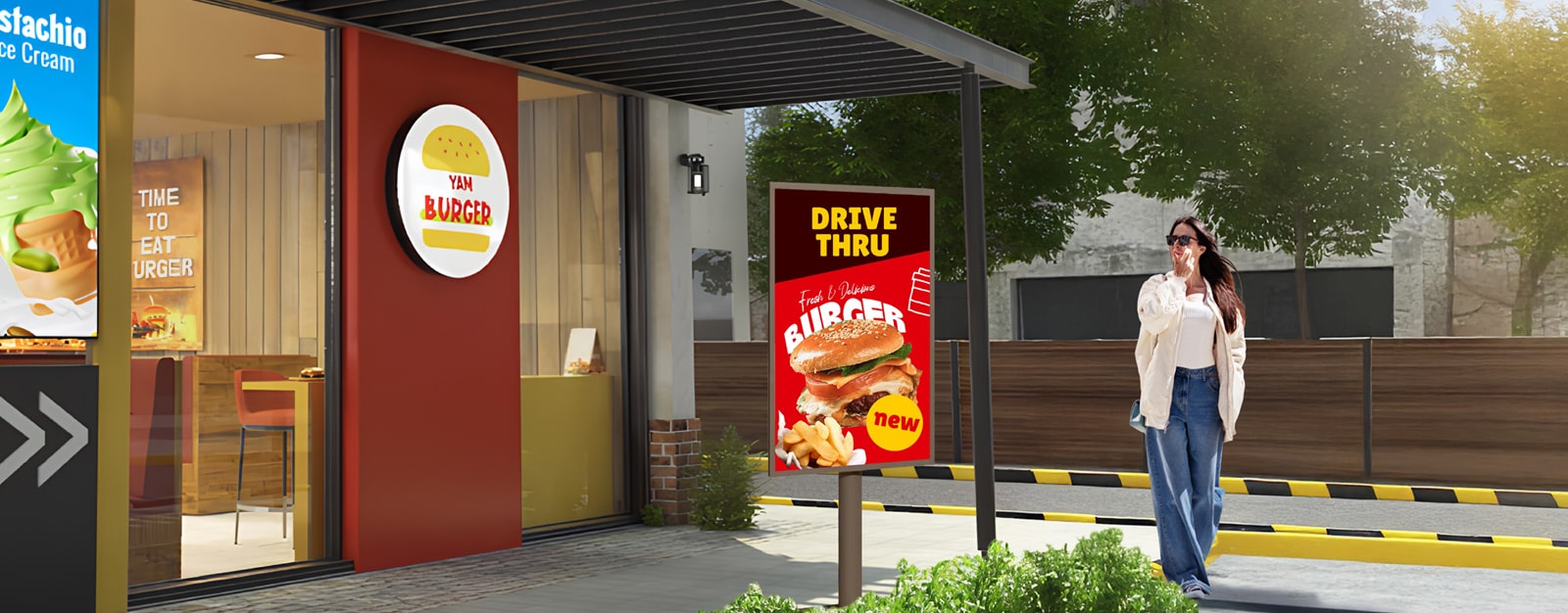An XE4P is installed outside a burger shop, and a woman is looking at a vivid advertisement on the screen.