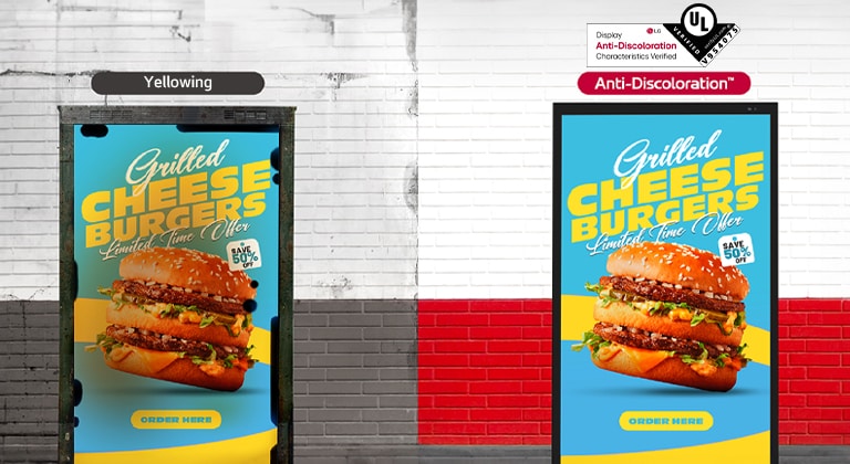 The display on the left shows yellowing and black circles, degrading its quality. In contrast, the XE4P on the right, which acquired UL Verification for Display Anti-Discoloration Characteristics, maintains a clear screen, safeguarding display quality.