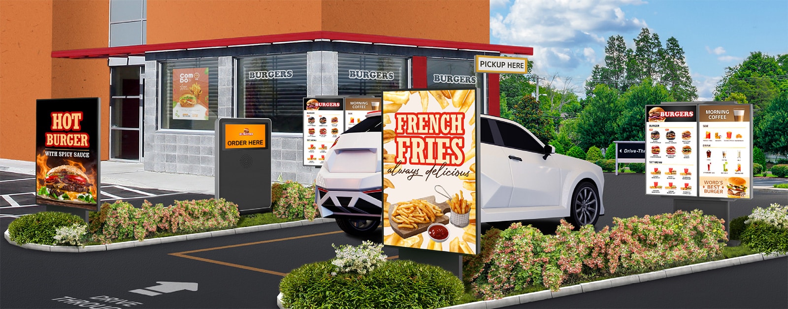 Several outdoor displays are installed at a burger place’s drive-thru, clearly and brightly showcasing the menu and food images.