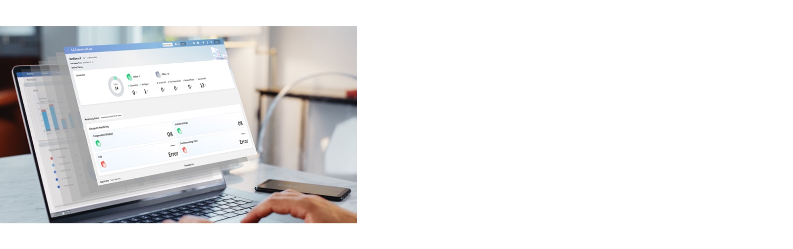 The LG ConnectedCare dashboard is displayed on the laptop screen.