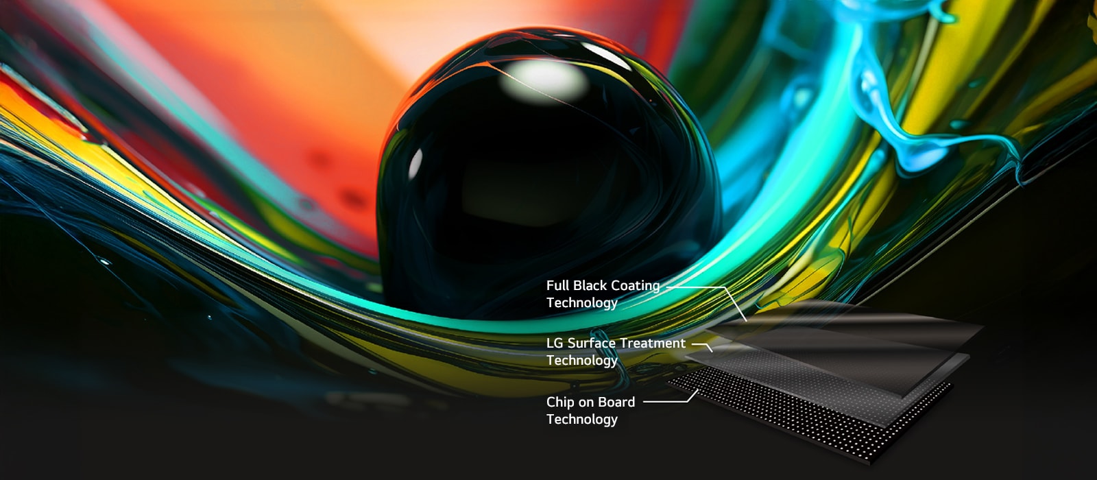 A black sphere blends with wave-like vibrant colors, showcasing vivid tones and deep contrast.