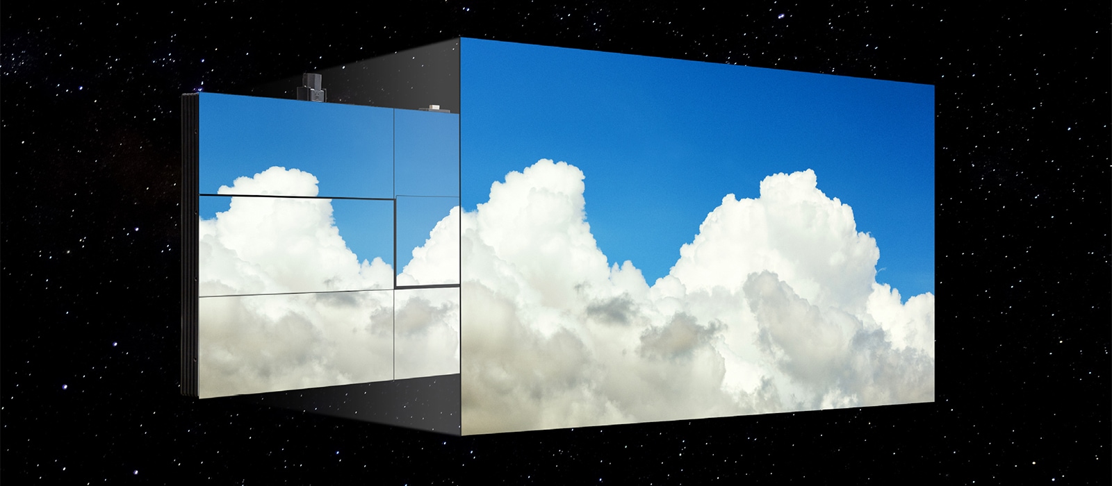 The LG MAGNIT screen, with minimal gaps between modules, shows the blue sky and puffy clouds without color deviation.