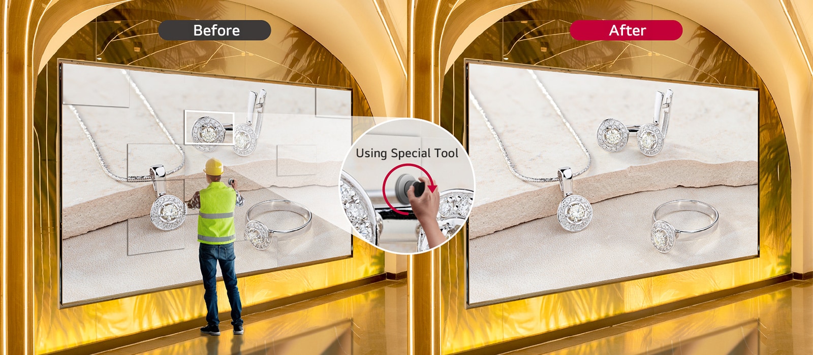 An installer is using a special tool to perform level adjustment from the front of the screen, with the difference before and after adjustment shown side by side.