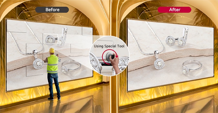 An installer is using a special tool to perform level adjustment from the front of the screen, with the difference before and after adjustment shown side by side.