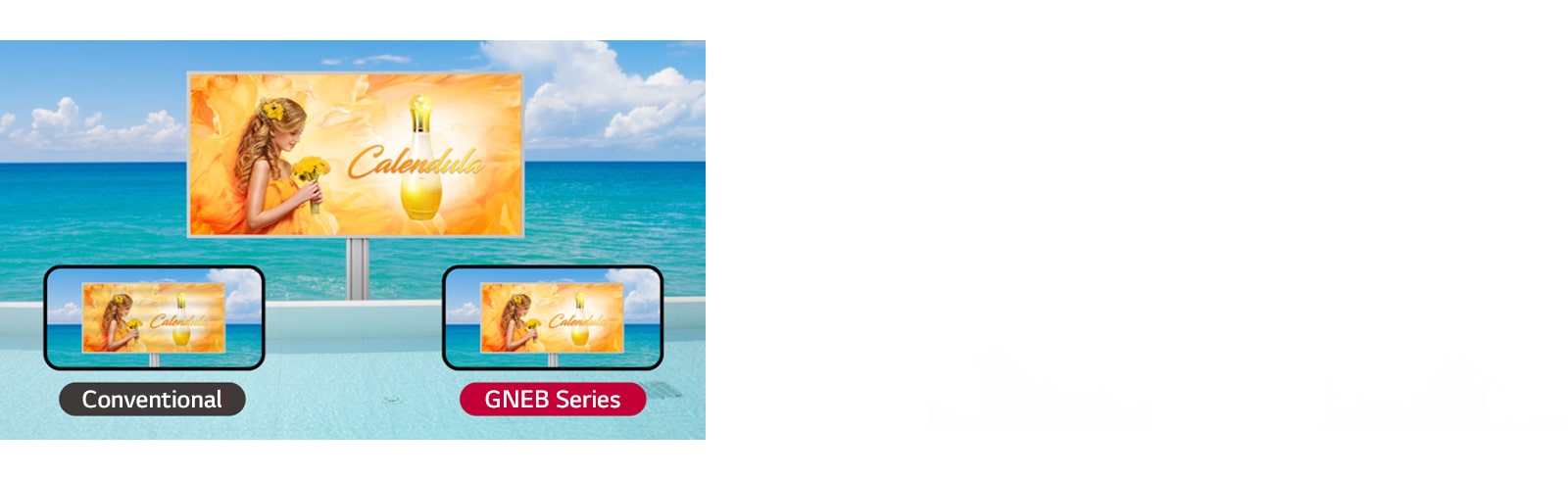 There is a LED screen and the screen is being watched with two mobile phone cameras. Despite showing the same advertisement, the conventional screen shows black bars, but the GNEB series clearly shows the original screen.