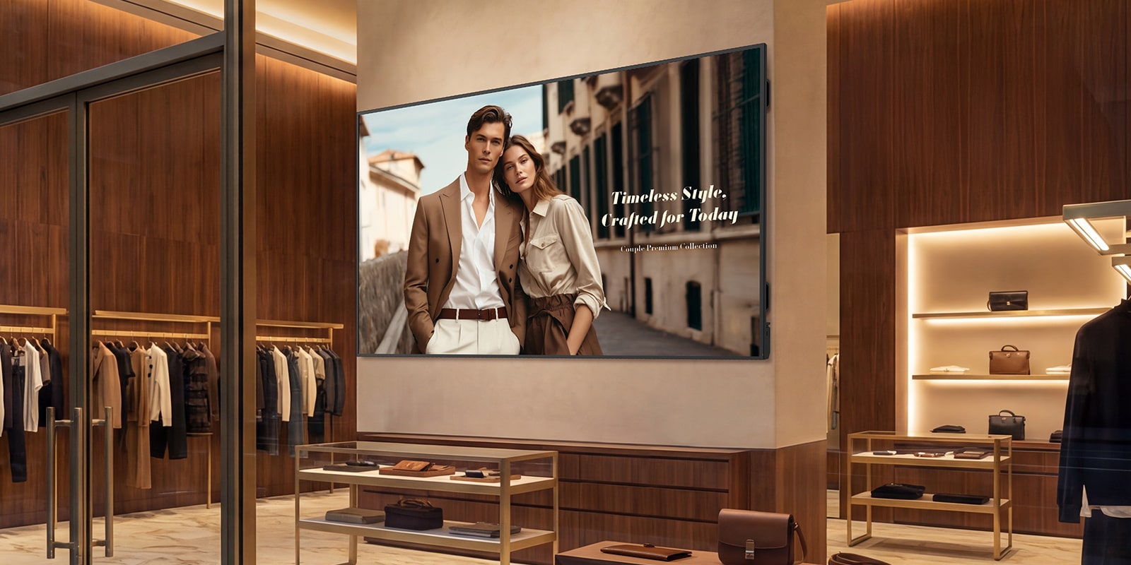 A large display is installed on the wall of a premium clothing store, and the screen shows advertisements clearly and vibrantly.