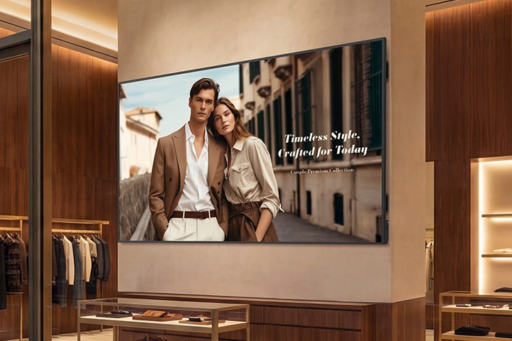 A large display is installed on the wall of a premium clothing store, and the screen shows advertisements clearly and vibrantly.
