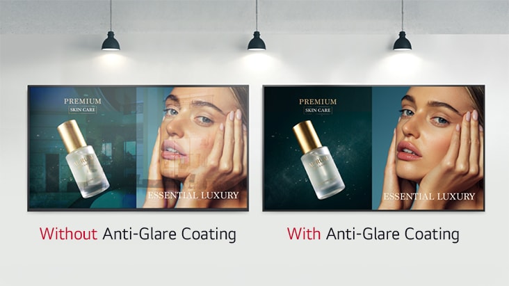 Without Anti-Glare Coating, content visibility is reduced in bright environments due to reflections and background glare, while the UH5Q with Anti-Glare Coating displays content clearly even in bright conditions.