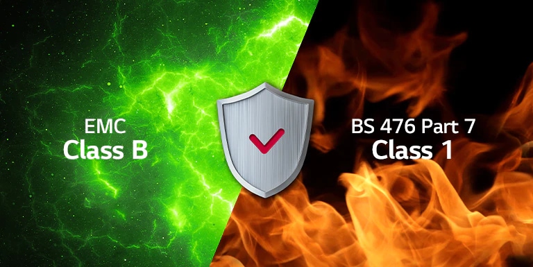 The EMC Class B and BS 476 Part7 Class1 certifications are described.