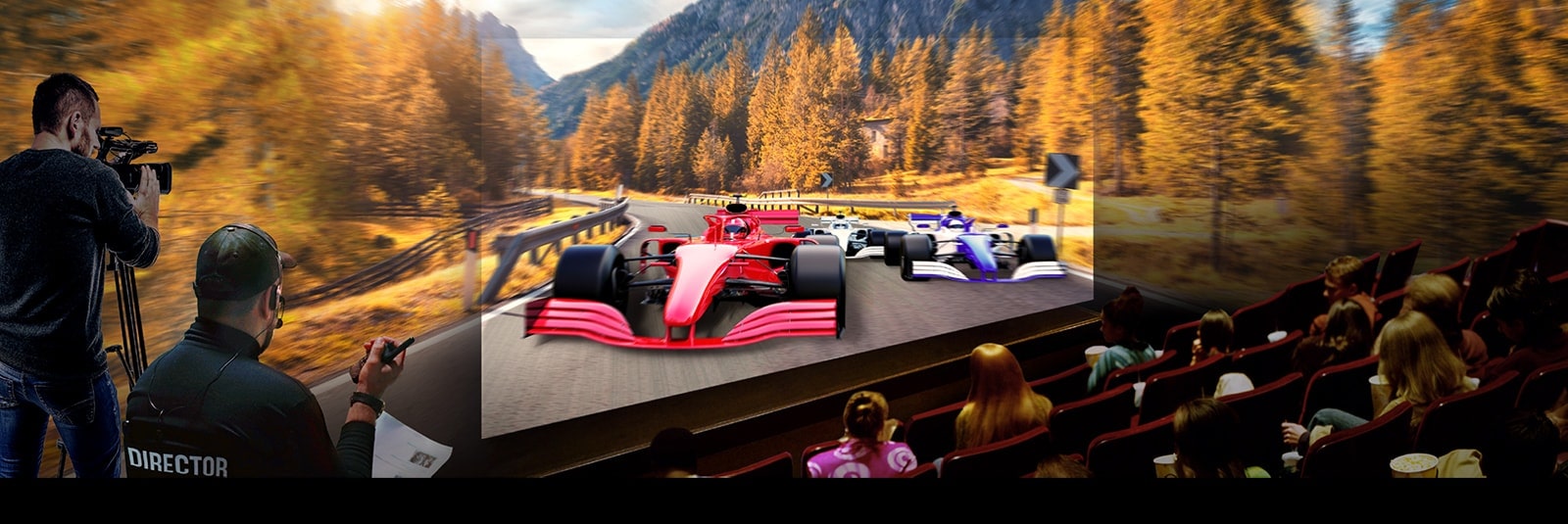 The audience at the theater are watching a racing scene that shows the colors the filmmaker intended. 