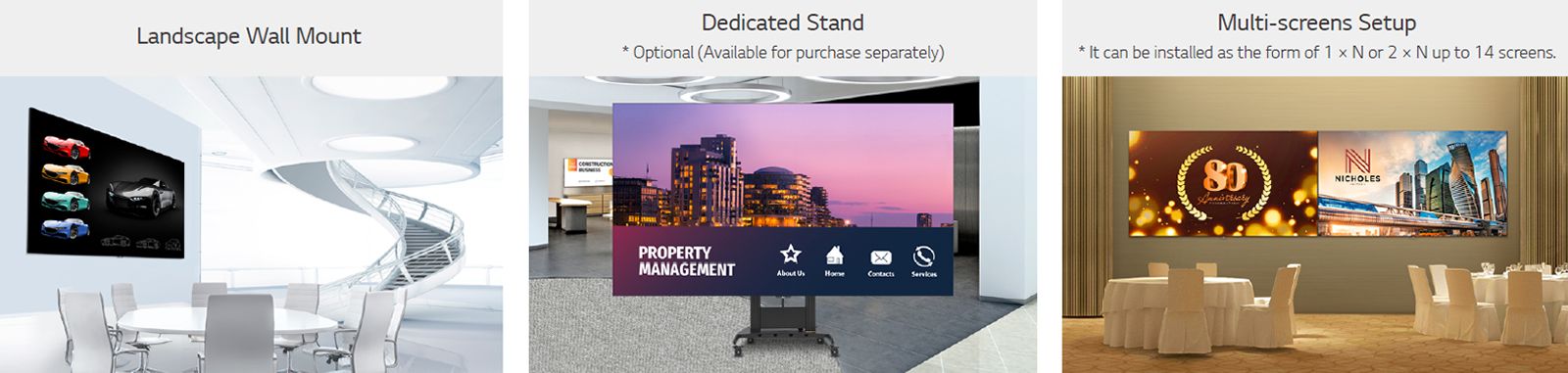 "The LAEC installed on the wall with wall mounted. The LAEC’s have been installed along with the optional dedicated stand in an event hall. Two LAECs are installed on a hotel's ballroom walls side by side"