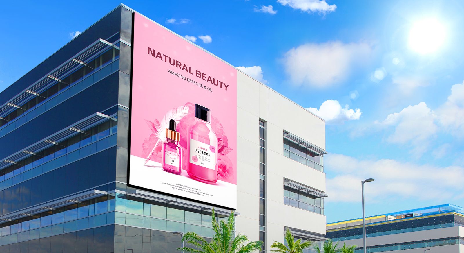 A large LED is installed on the building. The sun is shining brightly, but the LED screen’s advertisement is clearly visible.