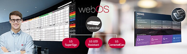 The LG employee is remotely monitoring the GSEG series installed in a different place by using a cloud-based LG monitoring solution. System controller with webOS enables GSEG series to be compatible with LG software solutions.