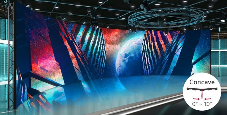 Curved LED walls are installed in a studio.