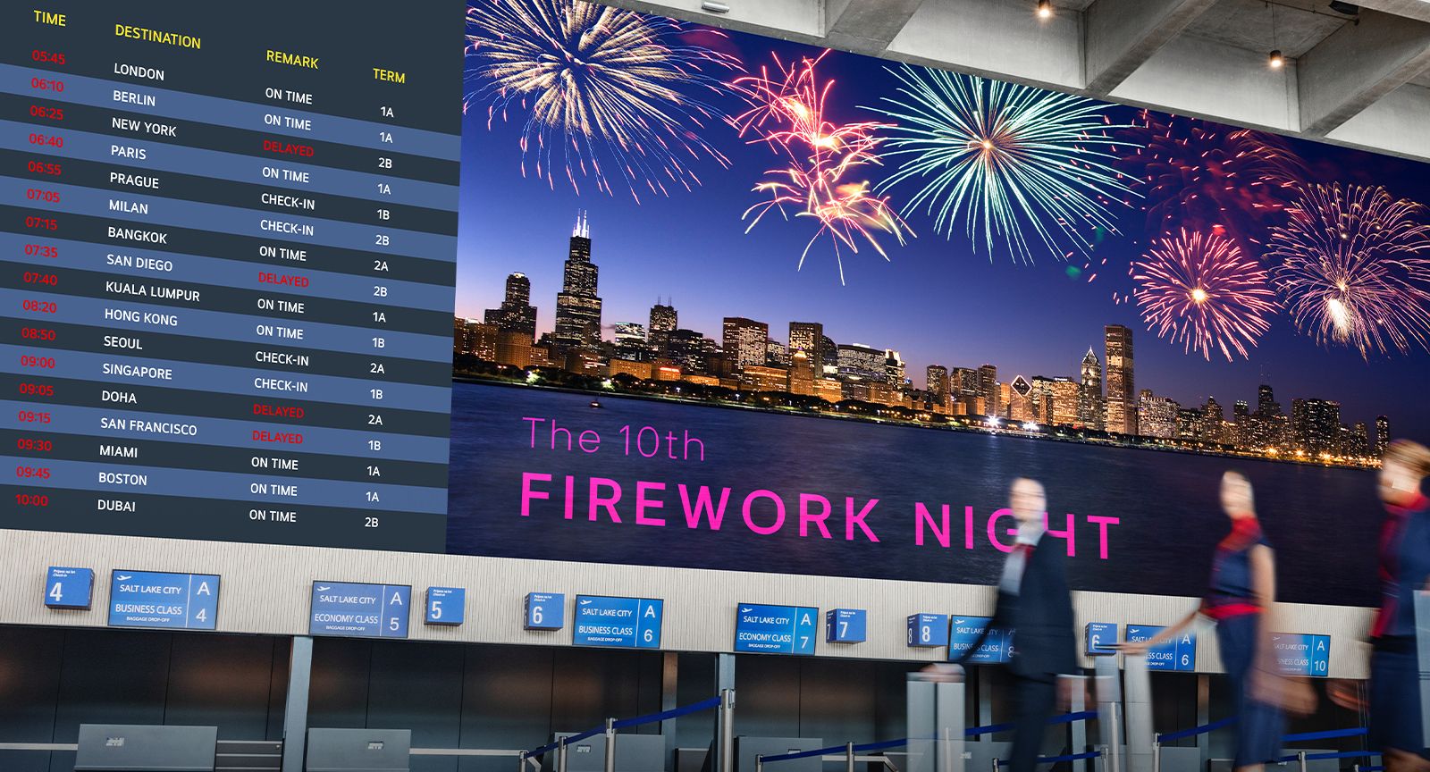 At the airport, a massive fit-to-wall LED screen is installed, and the screen displays flight times and Ads clearly.