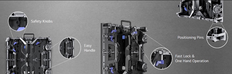 The cabinet parts, including 'Safety Knobs', 'Easy Handle', 'Fast Lock & One Hand Operation', and 'Positioning Pins', are depicted in an enlarged manner.