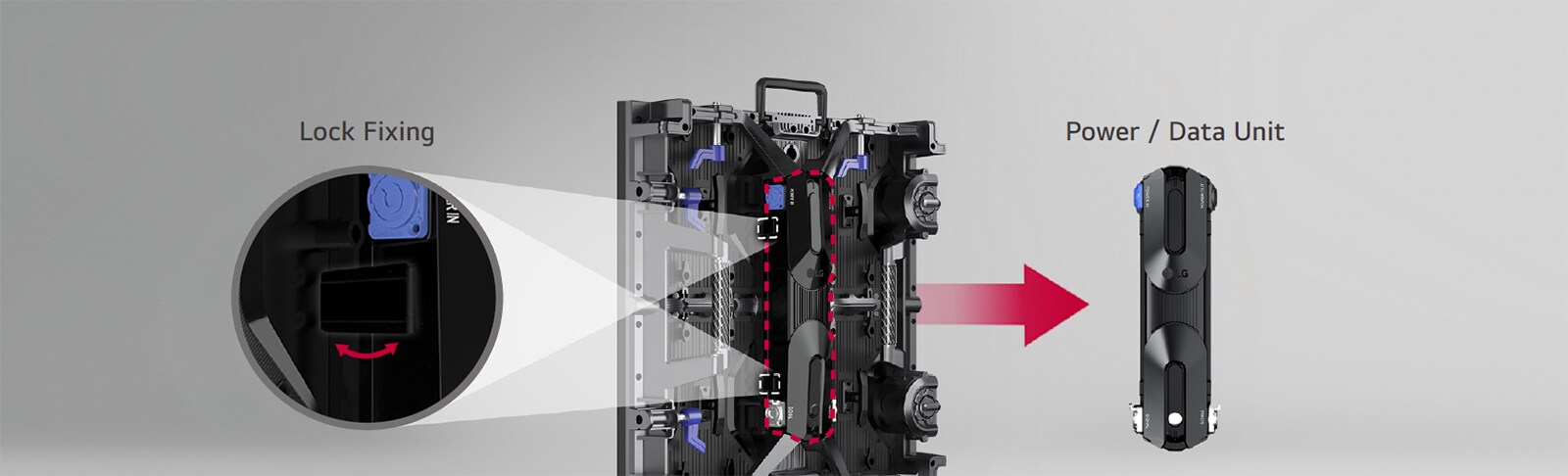 It is demonstrating that a simple Lock Fixing method allows for convenient replacement of the cabinet's Power/Data Unit.