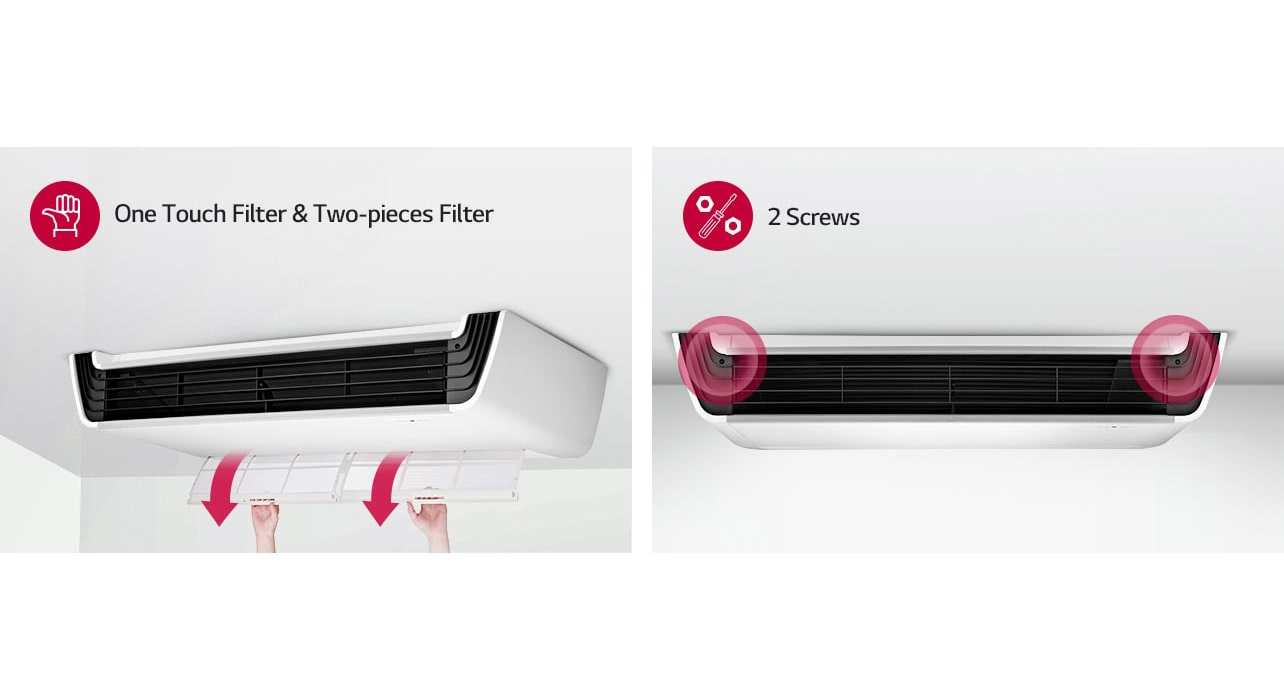 LG HVAC single split ceiling suspended air conditioning(ac) unit highlights a one-touch, two-piece filter with two screws for mounting.