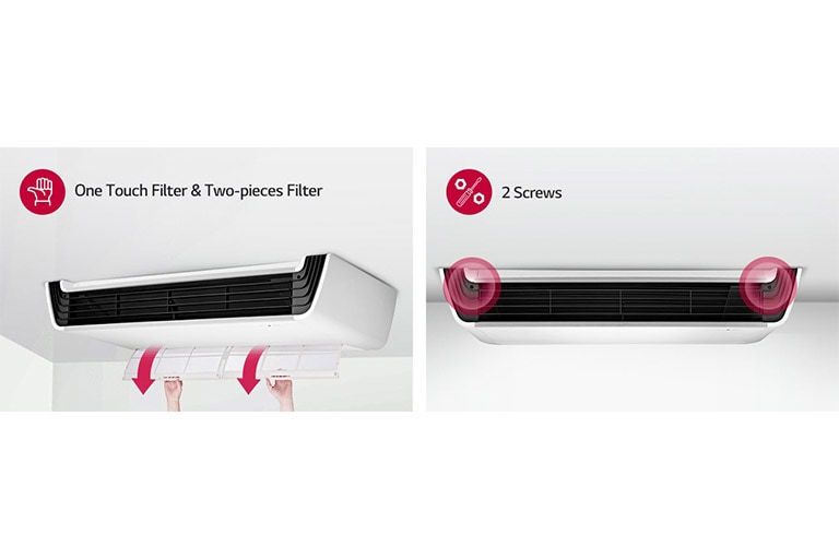 LG HVAC single split ceiling suspended air conditioning(ac) unit highlights a one-touch, two-piece filter with two screws for mounting.