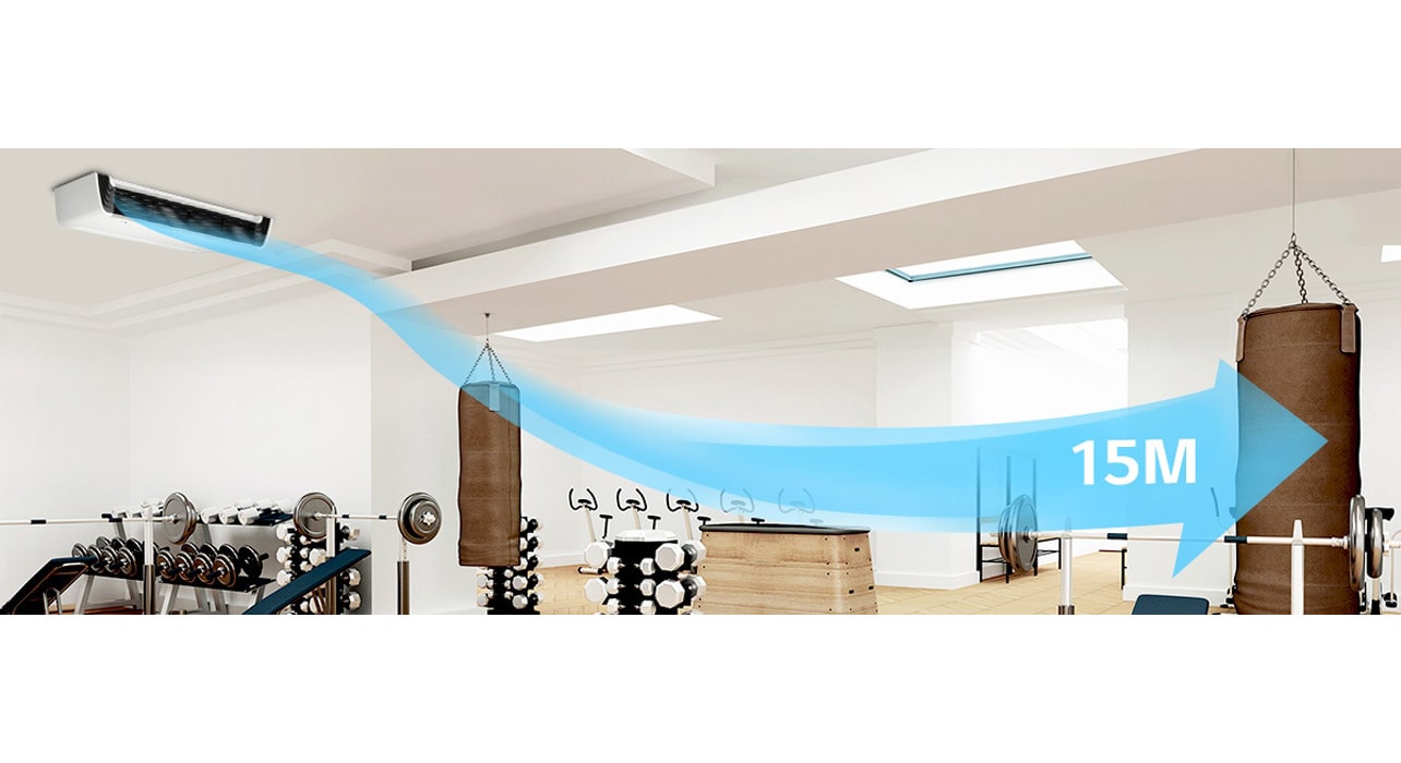 Left-side LG Ceiling Suspended air conditioning unit in gym projects visible blue airflow reaching up to 15m, covering diverse workout equipment.