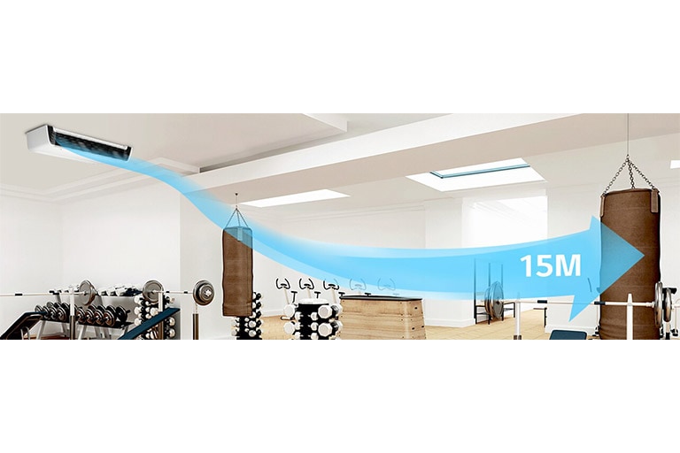 Left-side LG Ceiling Suspended air conditioning unit in gym projects visible blue airflow reaching up to 15m, covering diverse workout equipment.