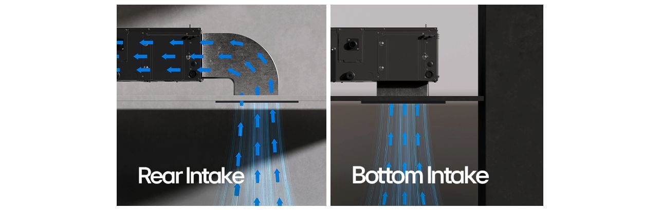 Dual air intake configurations with rear intake airflow and bottom intake airflow, both with blue arrows shown.