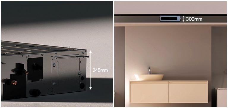 Left metal connector panel (245mm) and right modern bathroom with ceiling vent (300mm).