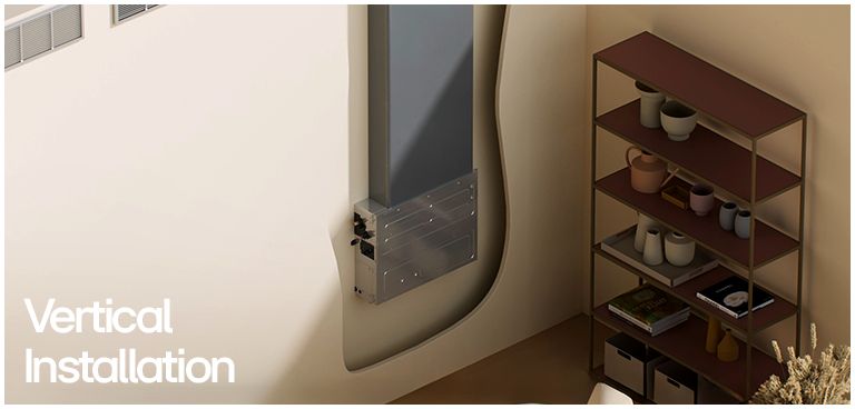 Vertical duct installation next to shelving and horizontal ceiling duct across multiple walls.