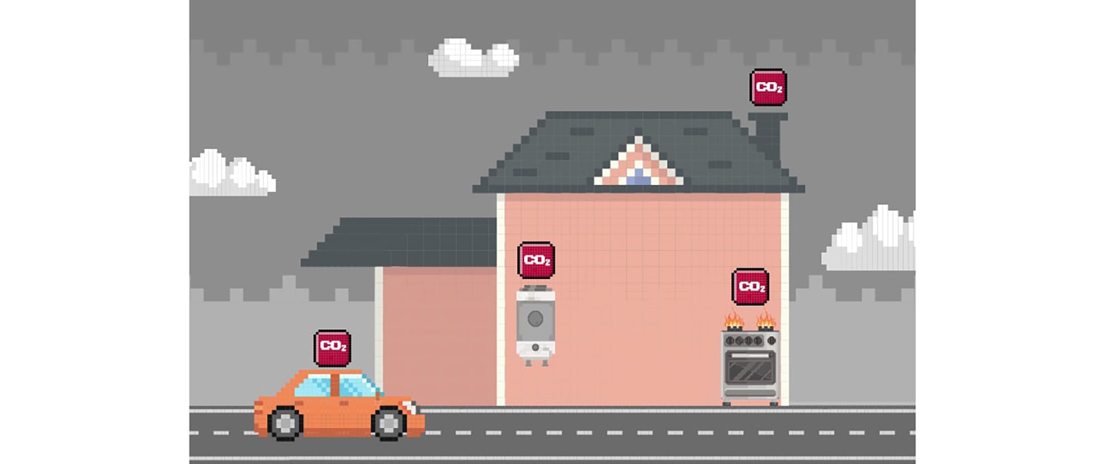 The two image is switching. In first image, the house uses a boiler that emits carbon dioxide, while the other house has switched to all-electric using LG Home Electrification products.