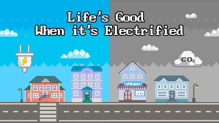 Two houses are shown on a split screen, one showing a house that runs only on electricity and the other showing a house that runs on carbon dioxide.