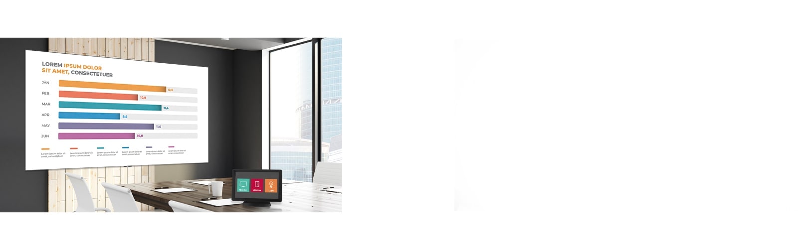 The meeting room is equipped with the signage and one of AV control system which helps users control the LAEC series.