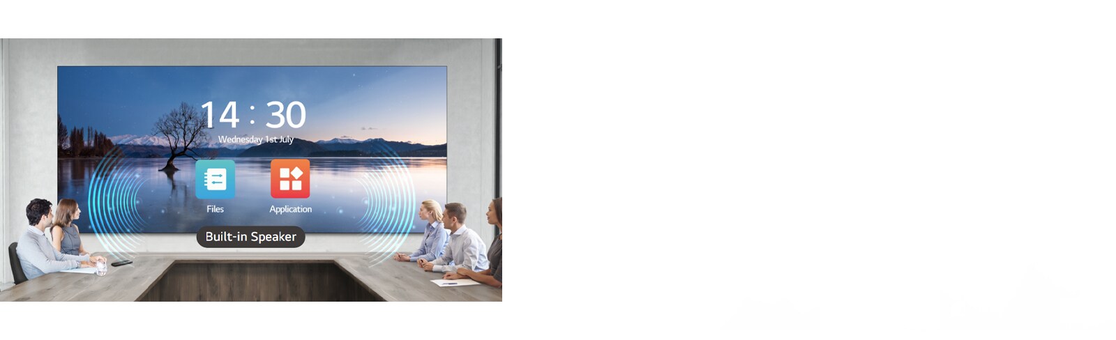 People have a meeting while watching the display and listening sound with the built-in speakers of LAED series, installed in the meeting room.