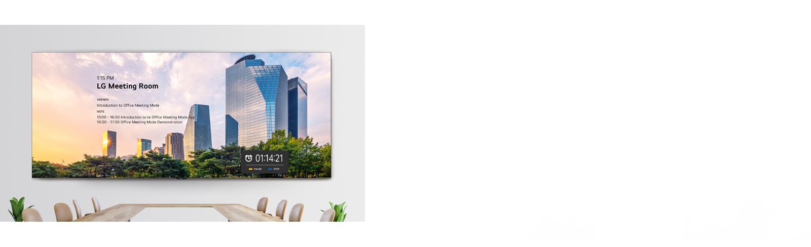 LAED series, which displays meeting room details such as the room number, meeting agenda, timer, etc via its office meeting mode, is installed on the meeting room wall.