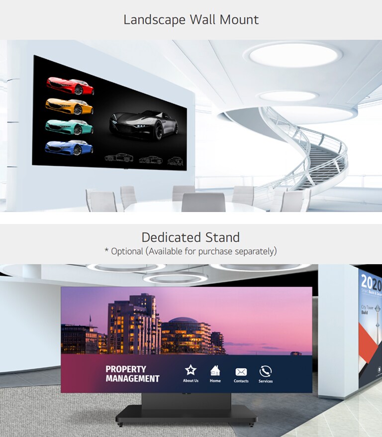 The LAED series installed on the wall of high-rise space with wall mounted, and installed with the dedicated stand are shown on the two different images.