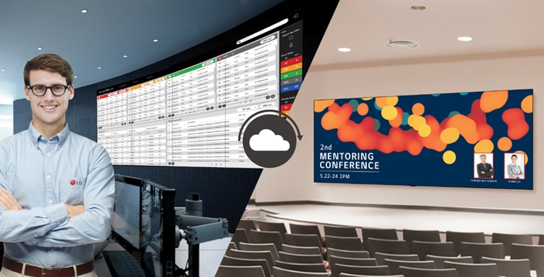 The one of LG employee is remotely monitoring the LAED LED screen installed in a different place by using cloud-based LG monitoring solution, called LG ConnectedCare. 