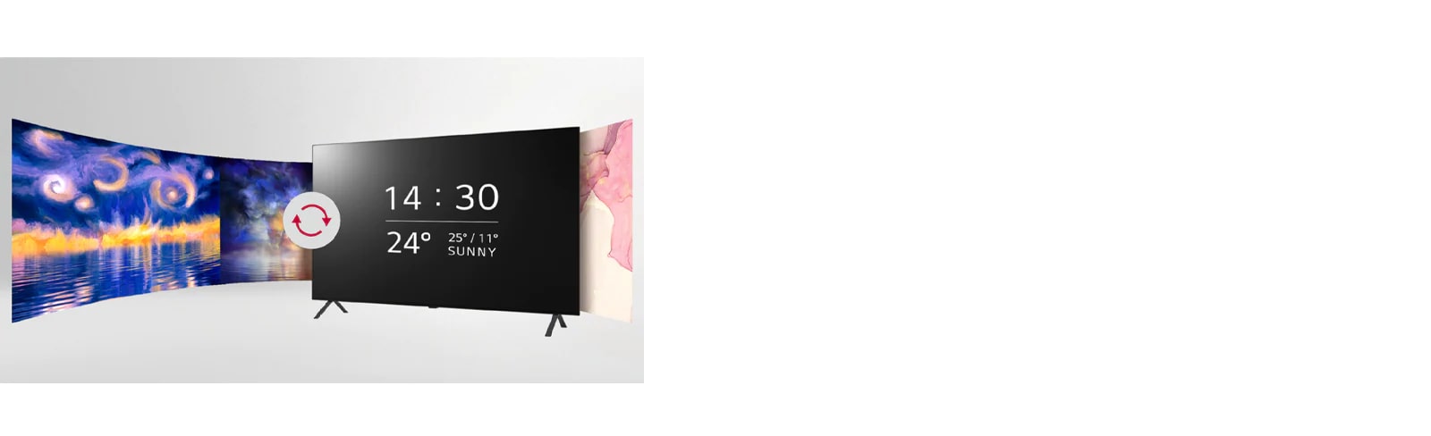 The TV screen changes to various images such as watches and works of art.